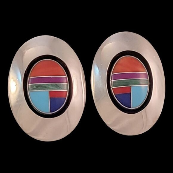 Navajo Willie Saiz Inlaid Multi-Stone Sterling Large Oval Post Earrings - Picture 1 of 6